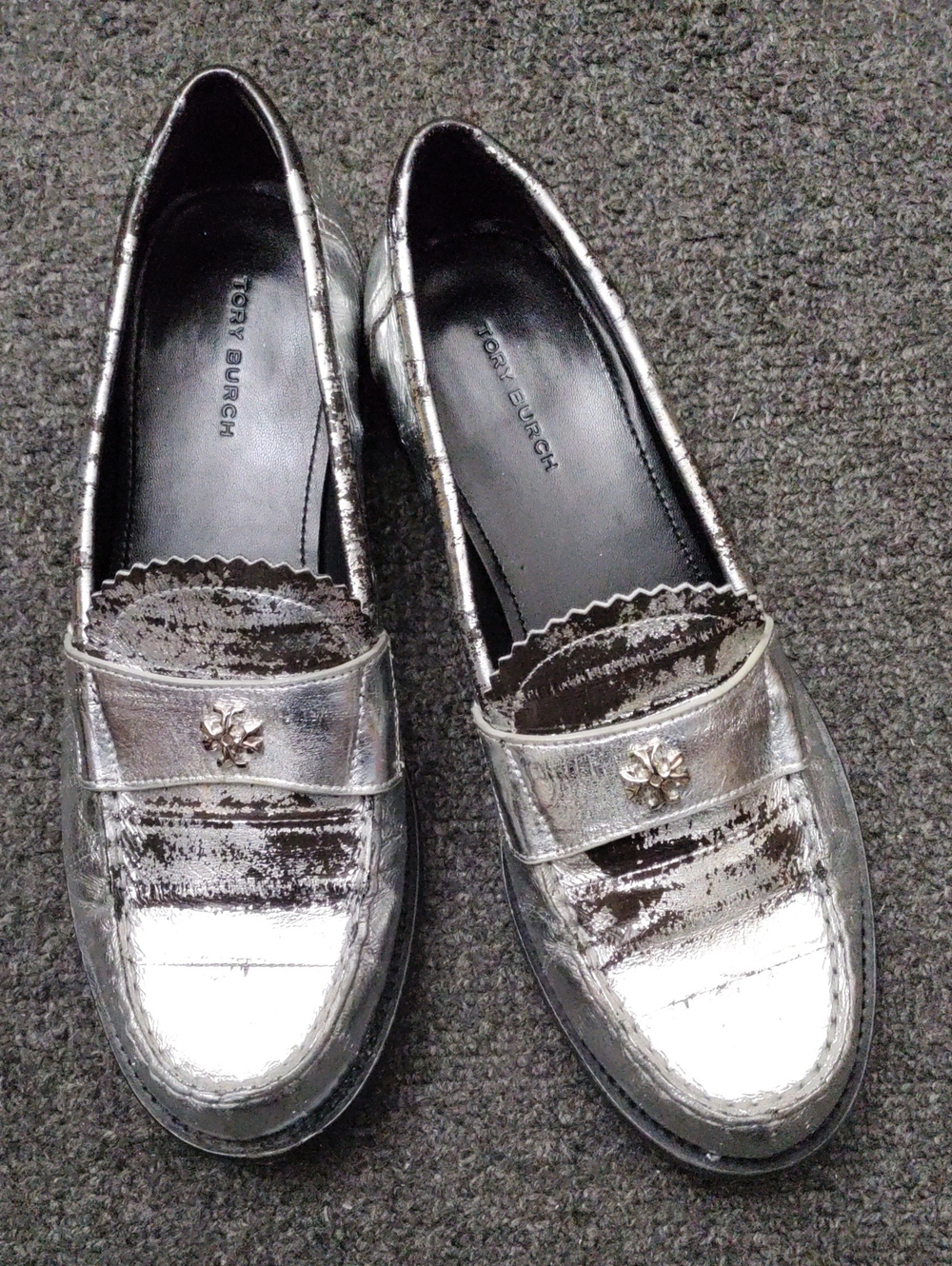 Tory Burch Classic Distressed Silver Leather Loafer